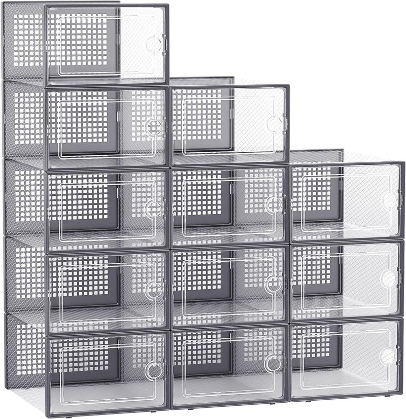 Kuject Large Shoe Organizers Storage Boxes for Closet, 12 Pack Clear Plastic Stackable Storage Bins with Lids, Under Bed Shoe Containers for Entryway, Drop Front, Fit up to Women's Size 10,Dark Gray - Image 1